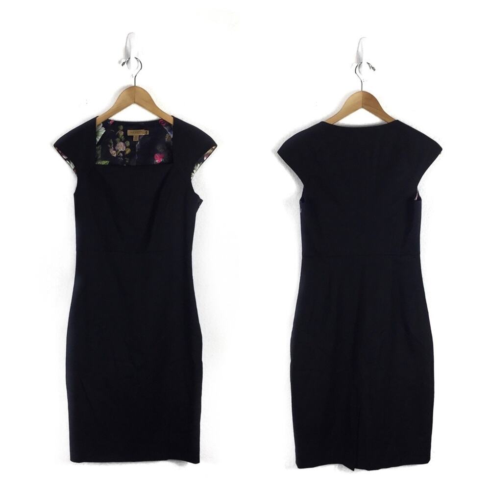 Ted Baker Black Cap Sleeve Wool Sheath Pencil Square Neck Mini Dress Small